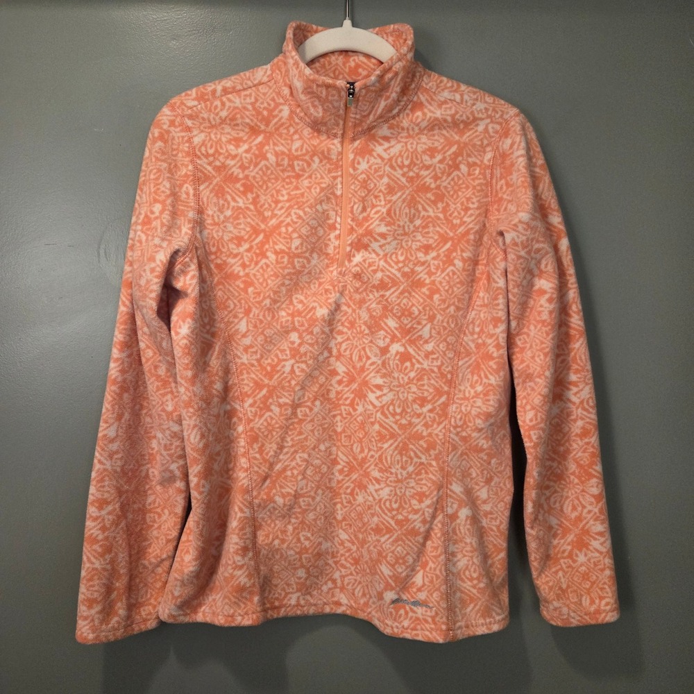Eddie Bauer Women's Quarter Zip Fleece Sweatshirt Size M Coral White Geometric